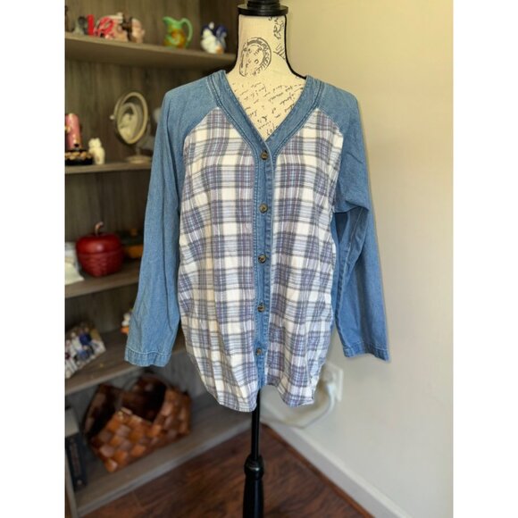 Lajate Denim & Plaid Flannel Button Down Shirt Shacket Womens Large 80s Vintage - Picture 2 of 9